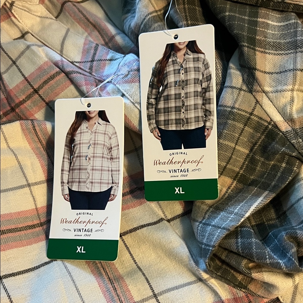 2 Weatherproof Women's Plaid Button Down Shirt - Gray and Tan
